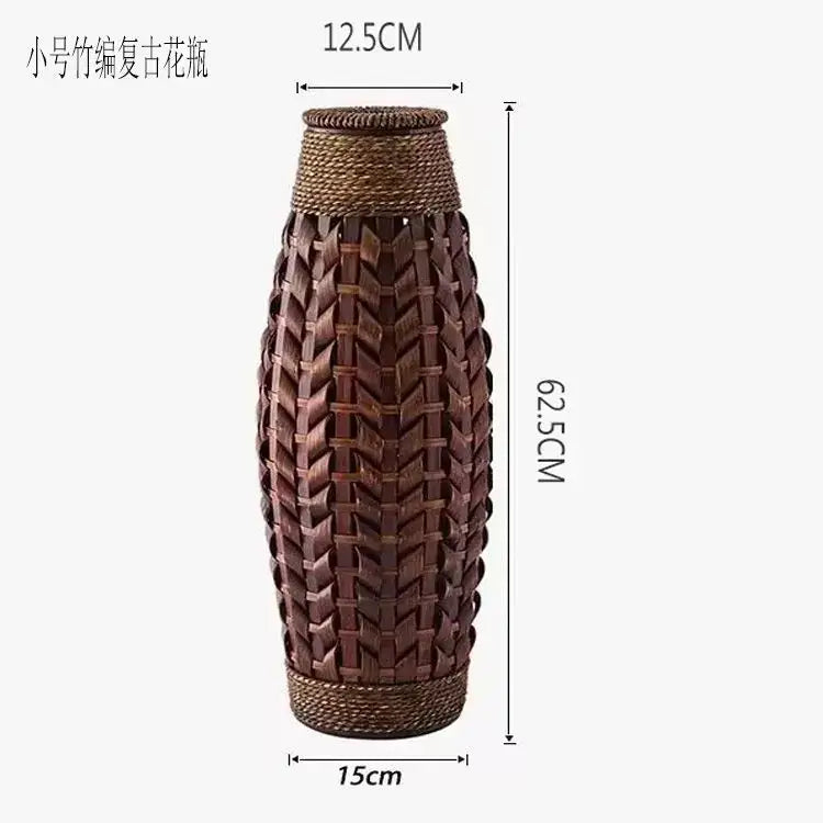 Tall dark brown bamboo woven vase with matching lid and base perfect as woven vase rattan living room decor