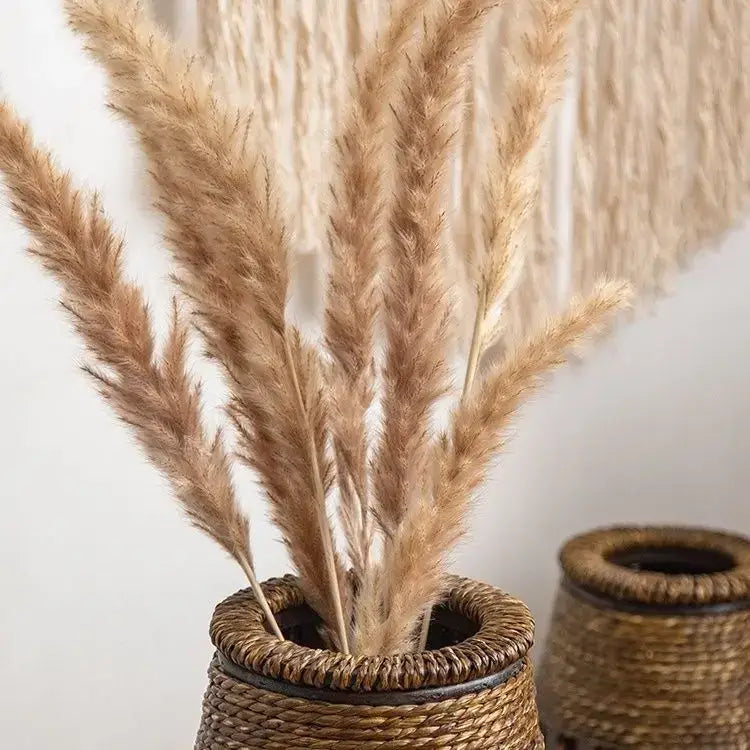 Tall dark brown bamboo woven vase with beige pampas grass plumes for living room decor woven vase rattan style