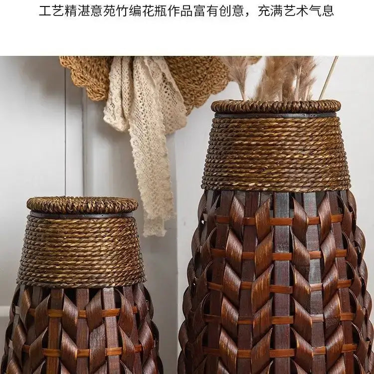 Tall dark brown bamboo woven vase with rattan herringbone design for living room decor and flower display