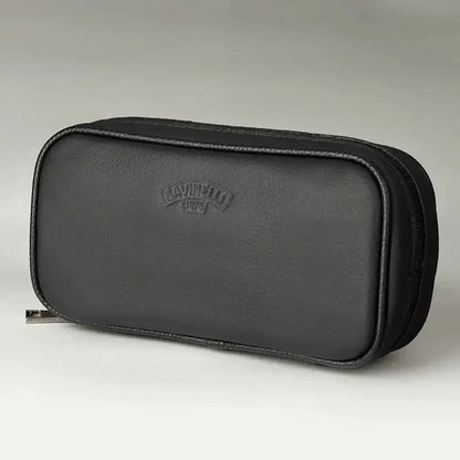Black leather savinelli 1923 tobacco case with embossed logo and stitched edges for cowhide leather pipe storage