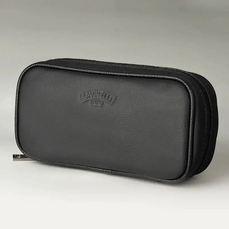 Black leather savinelli 1923 tobacco case with subtle embossed logo and stitched edges for cowhide leather pipe storage