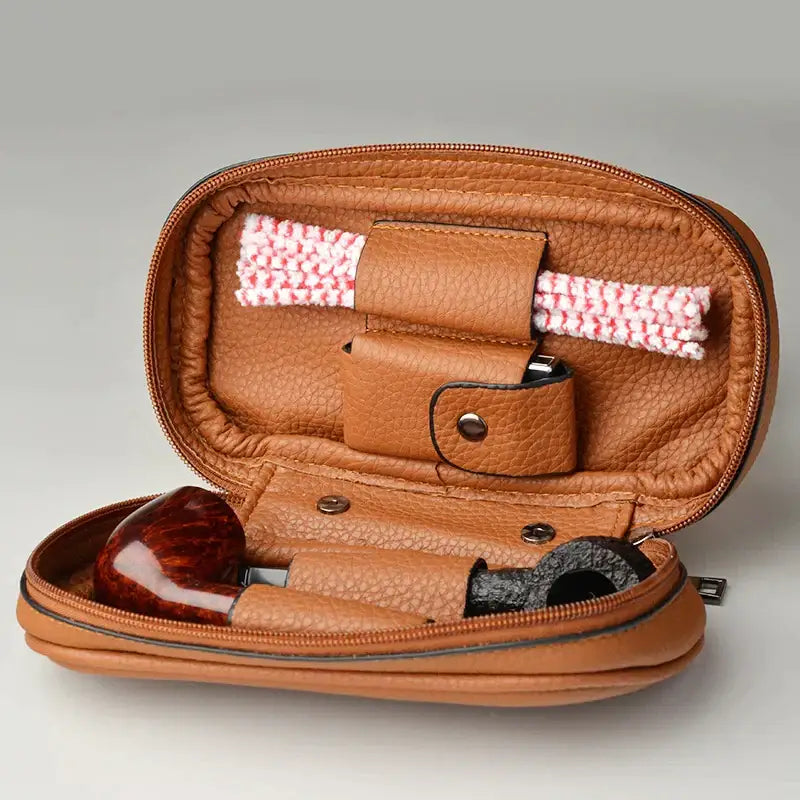 Tan cowhide leather pipe case with two pipes and a red and white striped cleaning cloth for office storage by decorbites cowhide leather