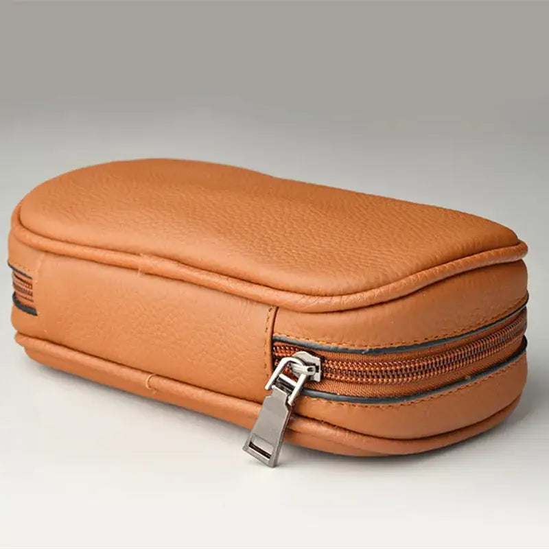 Tan cowhide leather pipe case for 3 pipes with silver zipper and pull tab by decorbites cowhide leather