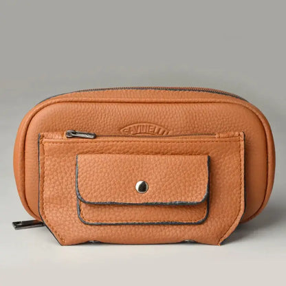 Tan cowhide leather pipe case with pebbled texture front flap silver button and black stitching decorbites cowhide leather