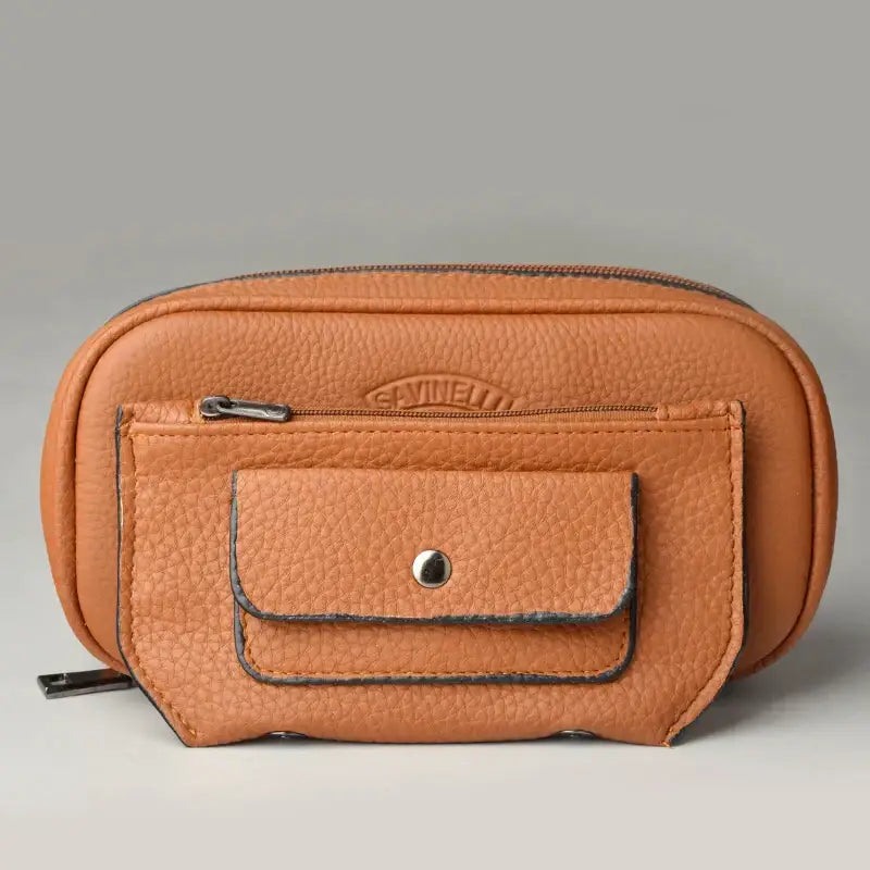 Tan cowhide leather pipe case with pebbled texture front flap silver button and black stitching decorbites cowhide leather