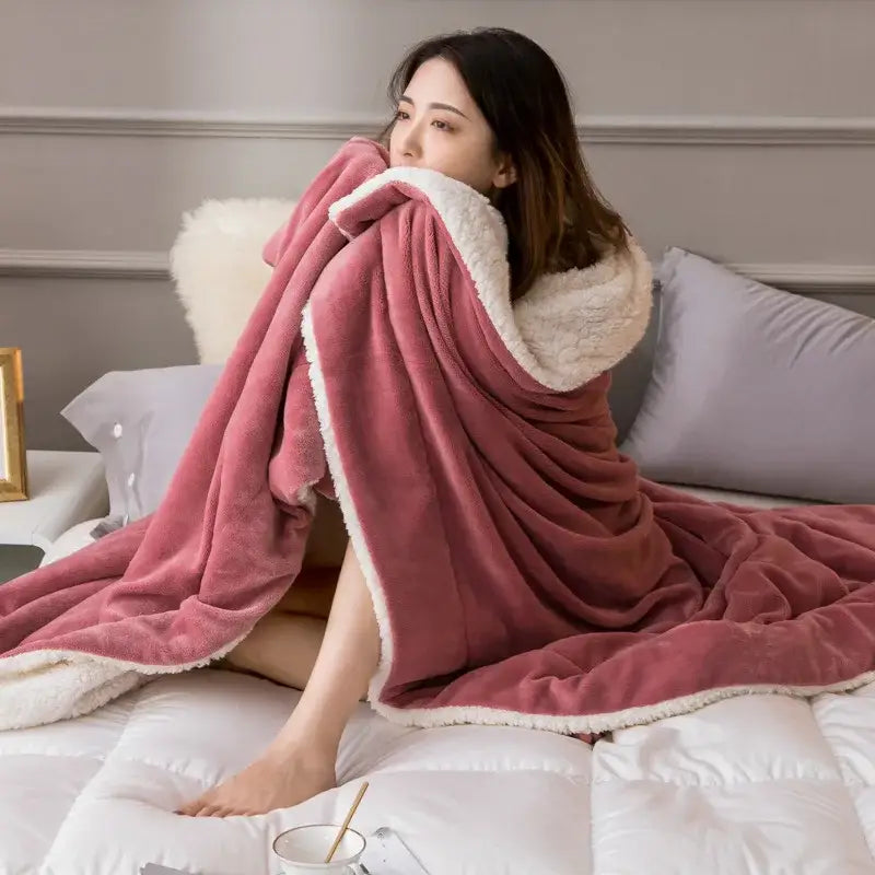 A dusty rose plush fleece blanket with soft white sherpa lining and cozy hood from decorbites cozy lambswool flannel collection