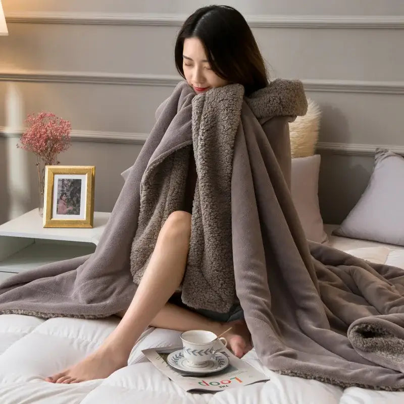 Cozy lambswool flannel blanket in tan and cream with a plush gray fleece hooded throw for bedroom comfort decorbites cozy lambswool