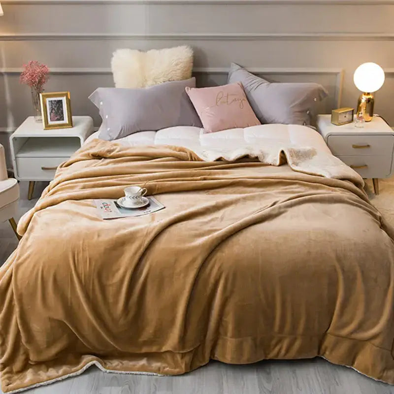 A caramel-colored plush fleece throw blanket with soft velvety texture from decorbites cozy lambswool flannel collection