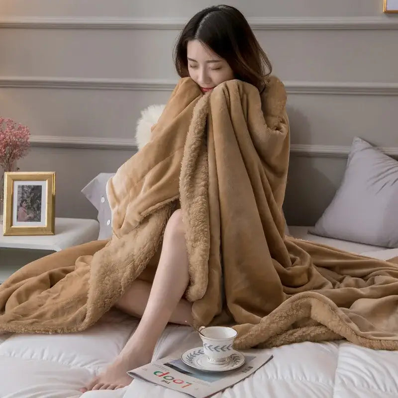Tan and cream cozy lambswool flannel blanket with soft plush texture and double-sided design for bedroom decorbites cozy lambswool