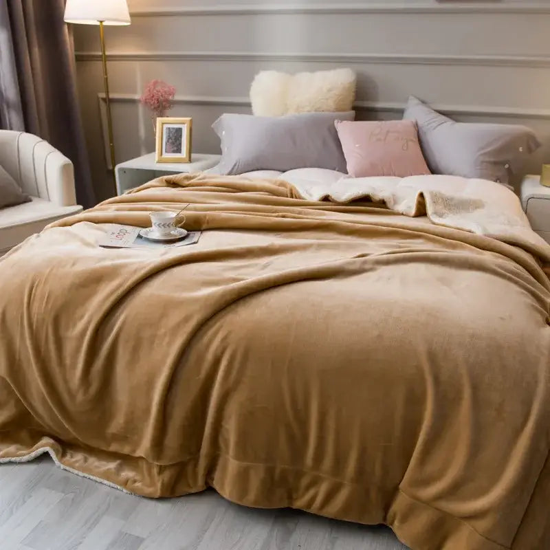 Tan and cream cozy lambswool flannel blanket with warm caramel plush and white fleece lining for soft bedroom decorbites cozy lambswool