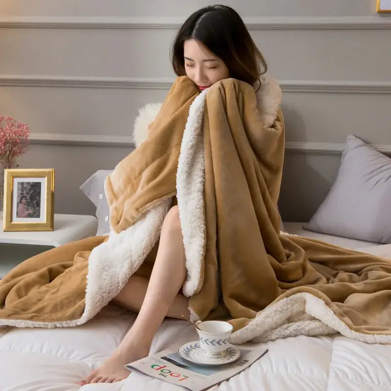 Tan and cream cozy lambswool flannel blanket with plush soft texture perfect for warm bedroom decorbites cozy lambswool