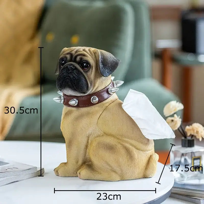 Tan faux leather studded pug tissue box with black muzzle and silver spiked collar for decorbites bulldog tissue decor