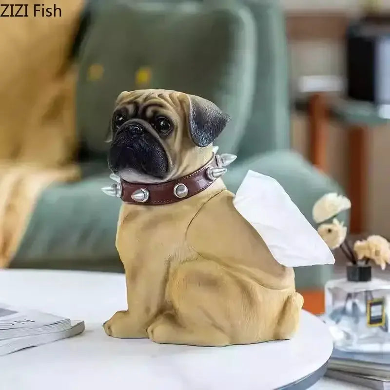 Tan pug bulldog tissue box decor featuring a faux leather studded collar with silver-toned spikes for living room decorbites bulldog tissue use
