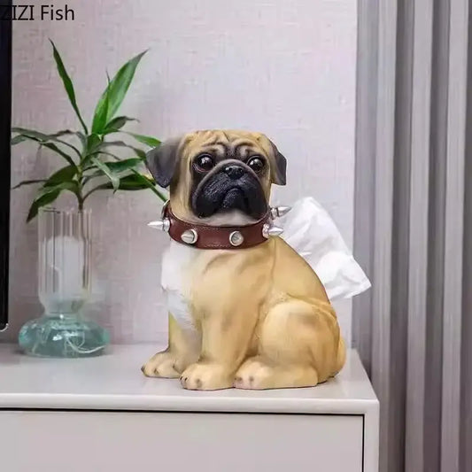 Tan pug bulldog tissue box in faux leather spiked collar with silver studs decorbites bulldog tissue decorbites tissue box