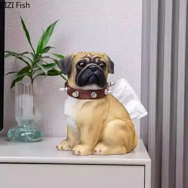 Tan pug bulldog tissue box in faux leather spiked collar with silver studs decorbites bulldog tissue decorbites tissue box
