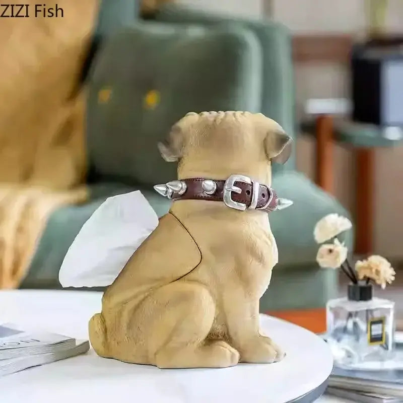 Tan pug bulldog tissue box holder with brown leather spiked collar decorbites bulldog tissue box for living room decor