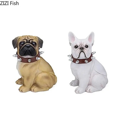 Two stylized tan and white dog figurines with brown spiked collars as bulldog tissue box decor for living room
