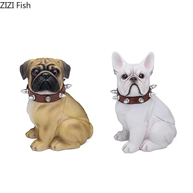 Two stylized tan and white dog figurines with brown spiked collars as bulldog tissue box decor for living room