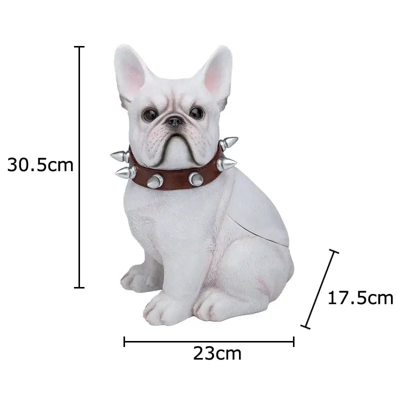 White french bulldog figurine with brown spiked collar as bulldog tissue box decor for living room use