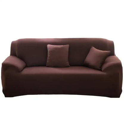 Tan stretchy silk sofa cover in brown with matching throw pillows for living room and accent chairs use
