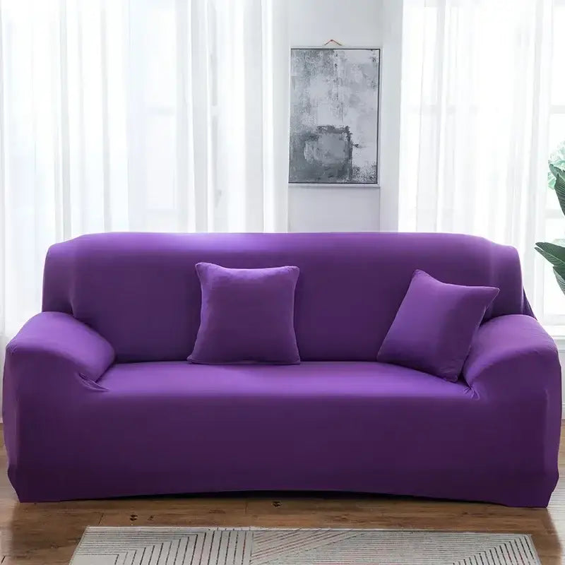 Purple stretchy silk sofa cover with matching pillows for living room accent chairs and sofas