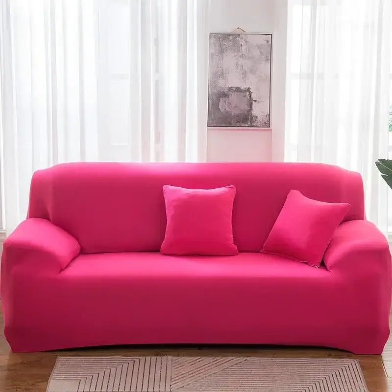 Bright pink stretchy silk sofa cover with matching pillows for living room accent chairs and sofas