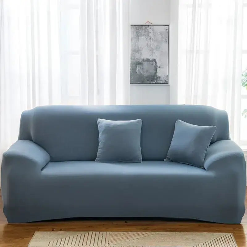 Blue stretchy silk sofa cover with matching pillows for living room and accent chairs protection and style