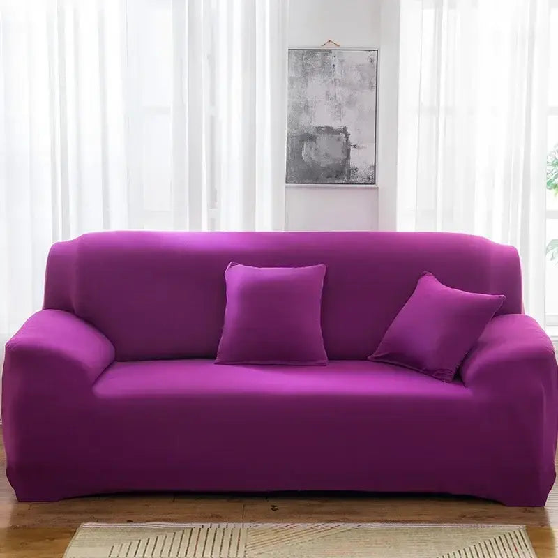 Vibrant purple stretch fabric sofa cover with matching pillows for living room sofa cover and accent chairs