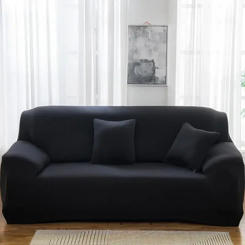 Black stretchy silk sofa cover with two matching pillows for living room and accent chairs use