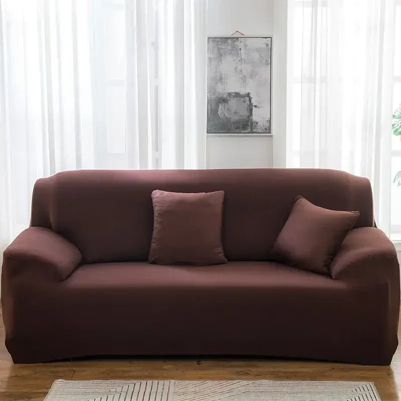 Brown stretchy silk sofa cover with matching pillows for living room and accent chairs protection and style