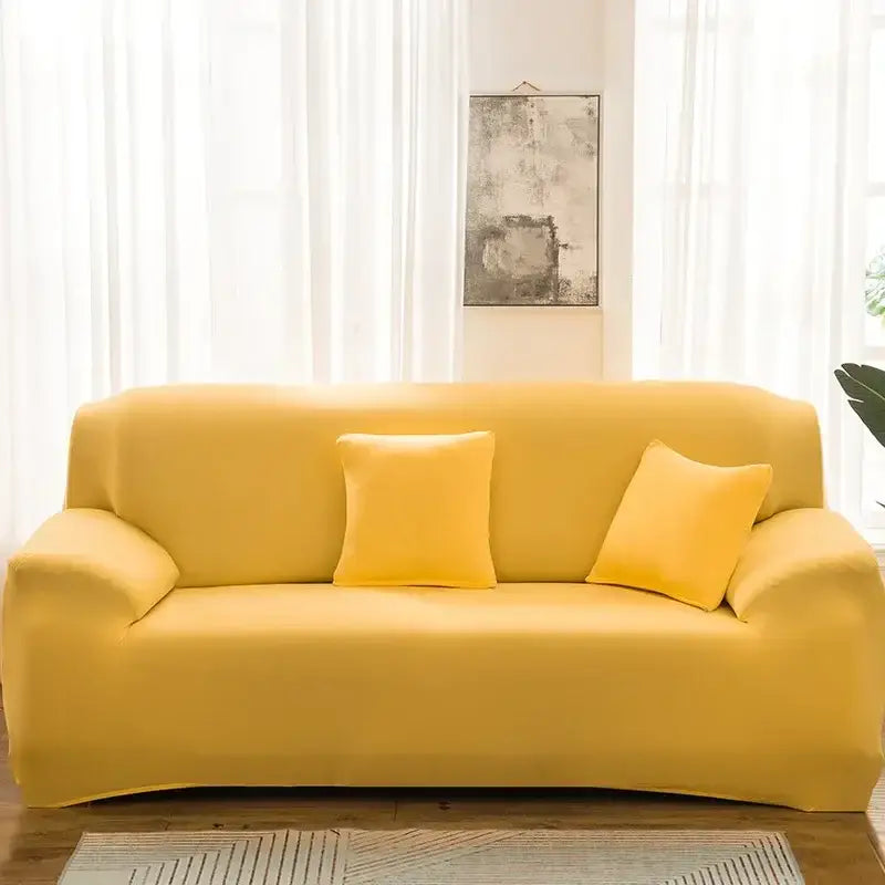 Bright yellow stretchy silk sofa cover with matching pillows for living room accent chairs and sofas