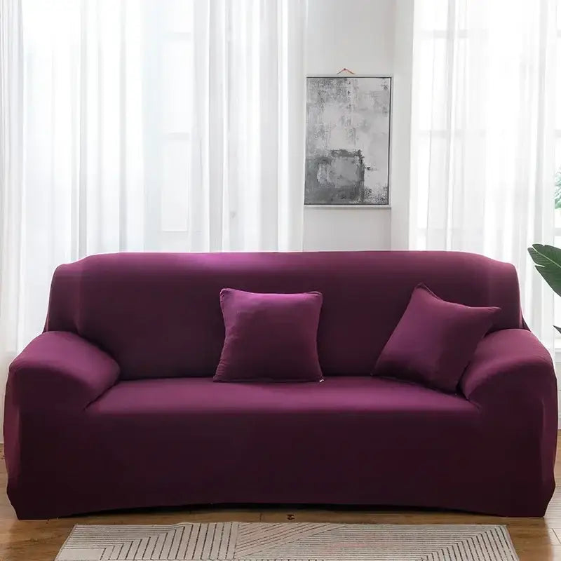 Purple stretchy silk sofa cover with matching pillows for living room and accent chairs use