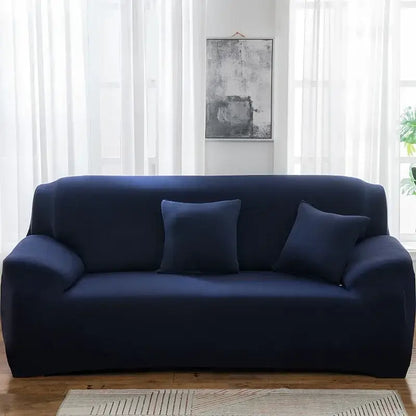 Navy blue stretch fabric sofa cover with matching square pillows for living room accent chairs and sofas