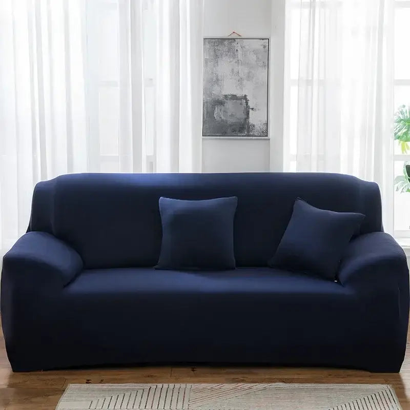 Navy blue stretch fabric sofa cover with matching square pillows for living room accent chairs and sofas