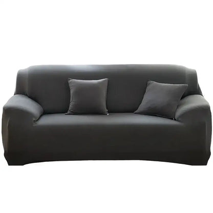 Black stretchy fabric sofa cover with two matching dark gray throw pillows for living room and accent chairs