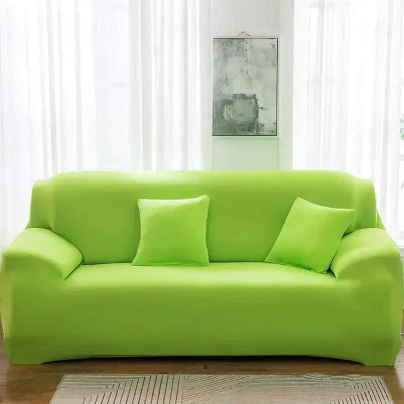 Bright lime green stretchy silk sofa cover with matching pillows snugly fits three-seater couch for living room accent chairs
