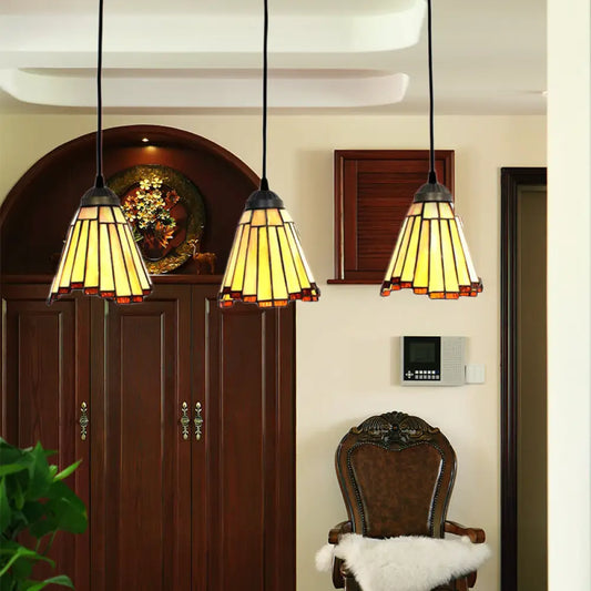 Tapered Cluster Pendant Light - Tiffany-Style Beige Handcrafted Stained Glass - Set of 3 Bulbs - Suspension Lighting Fixture