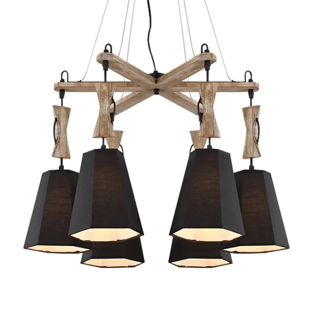 Tapered Industrial Chandelier with 6 Heads in Black, White, and Flaxen Wood