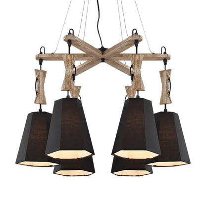 Tapered Industrial Chandelier with 6 Heads in Black, White, and Flaxen Wood