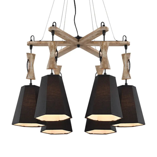 Tapered Industrial Chandelier with 6 Heads in Black, White, and Flaxen Wood