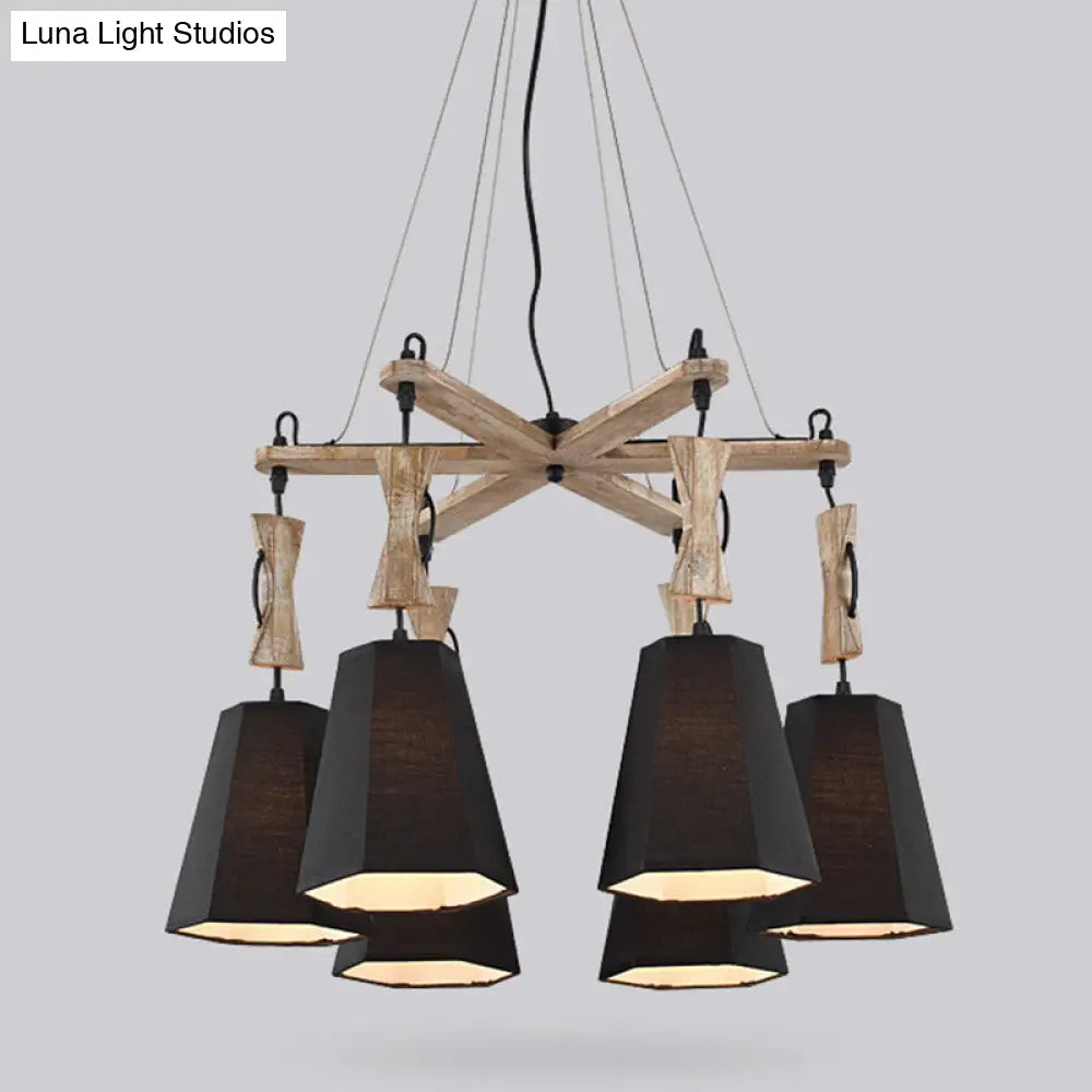 Tapered Industrial Chandelier with 6 Heads in Black, White, and Flaxen Wood