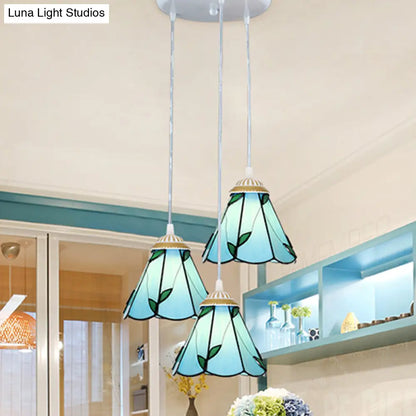 Tapered Stained Glass Cluster Pendant Light - Tiffany Style - 3 Light Suspension Fixture