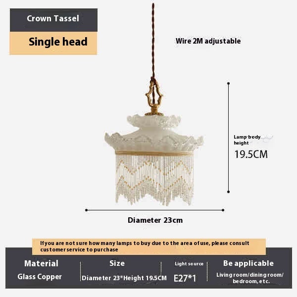 Cream-colored glass and copper tassel chandelier with crown tassel design and adjustable wire for dining room use