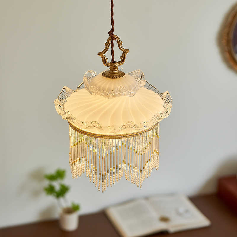Vintage brass tassel chandelier with glass and beaded fringe ideal for dining room bedroom or hallway lighting