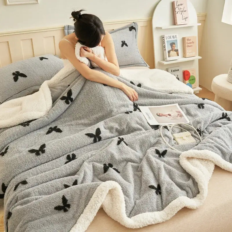 Taupe and white butterfly jacquard wool blanket with gray plush throw and soft white fleece lining for cozy decorbites butterfly jacquard decor