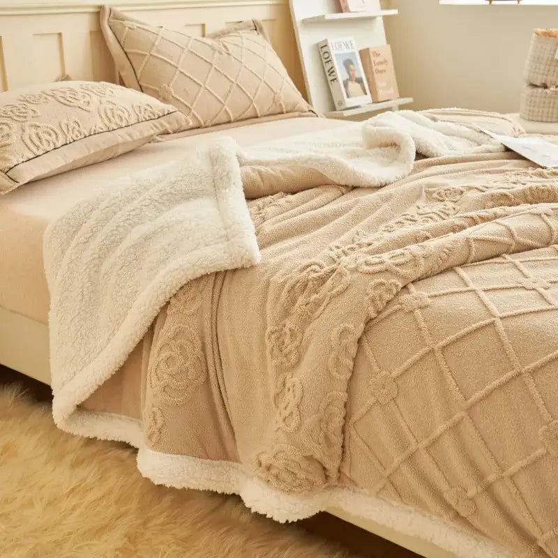 Beige plush throw blanket with cream sherpa lining and embroidered floral patterns in taupe and white decorbites butterfly jacquard wool blanket