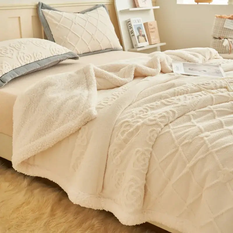 Cream-colored wool blanket with textured quilted pattern and soft fuzzy surface from decorbites butterfly jacquard collection