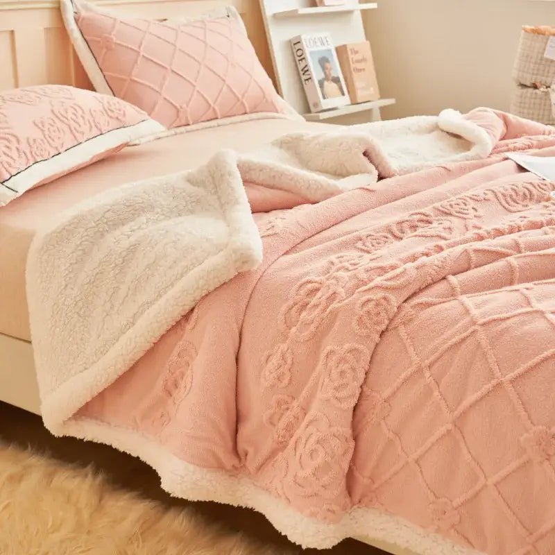 Pink plush throw blanket with rose embroidery and white fleece border paired with taupe and white decorbites butterfly jacquard wool blanket