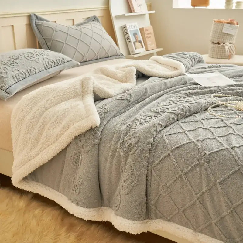 Taupe and white butterfly jacquard wool blanket with gray plush throw and cream fleece lining for bedroom decorbites butterfly jacquard
