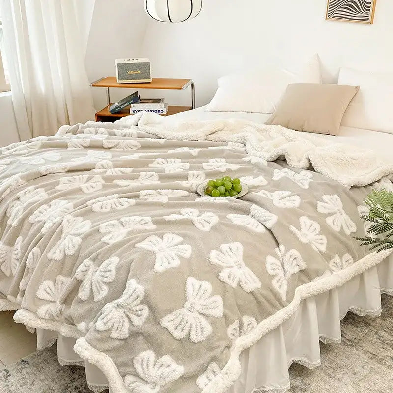 Taupe and white butterfly jacquard wool blanket fleece throw with plush appliqués and ruffled edge by decorbites